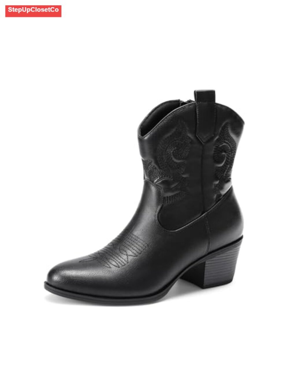 Faux Leather Western Embroidered Ankle Boots Low Chunky Heel Round Toe Fall